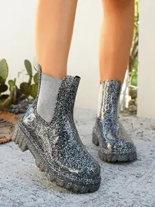 Women's Sequined Chelsea Rain Boots, Thick Sole Anti-Slip Waterproof British Style Classic Chimney Boots, Outdoor Daily Versatile Short Rain Shoes, Casual Outdoor Boot, Waterproof Footwear