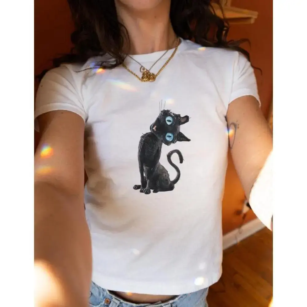 Women's Coraline-Inspired Black Cat Casual Short-Sleeve Round Neck Streetwear Tee - Vintage Movie Shirt for Lady Cat Lovers - Please refer to the size chart for selection, Shortsleeve, Top
