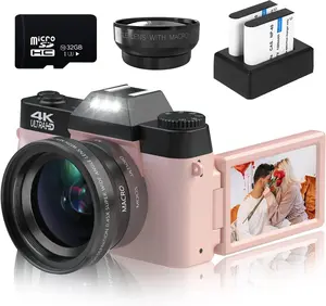 Digital Cameras for Photography, 4K 48MP Vlogging Camera 16X Digital Zoom Manual Focus Students Compact Camera with 52mm Wide-Angle Lens & Macro Lens, 32G  Card and 2  ()