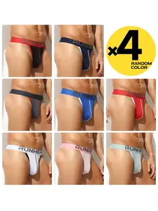 2/3/4 Pcs Random Color Men's Solid Narrow-Waist Thong Briefs, T-Back Design, Hollow Hip-Lifting, Breathable Mesh, Bikini Style, Versatile for Sports, Fitness, Home & Outdoor Activities