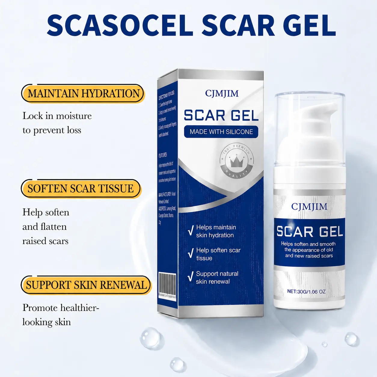 CJMJIM Advanced Silicone Scar Cream Gel 30g – Advanced Silicone Scar Treatment, Lightweight, Quick-Drying & Alcohol-Free Formula – Helps Reduce the Appearance of Surgical, C-Section, Burn & Acne Scars, Smooth & Soften Skin for Daily Scar Care