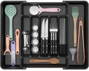 Expandable Silverware Organizer for Drawer – Extra Large BPA-Free Cutlery Tray, Adjustable Utensil Holder for Spoons, Forks & Knives (Black)