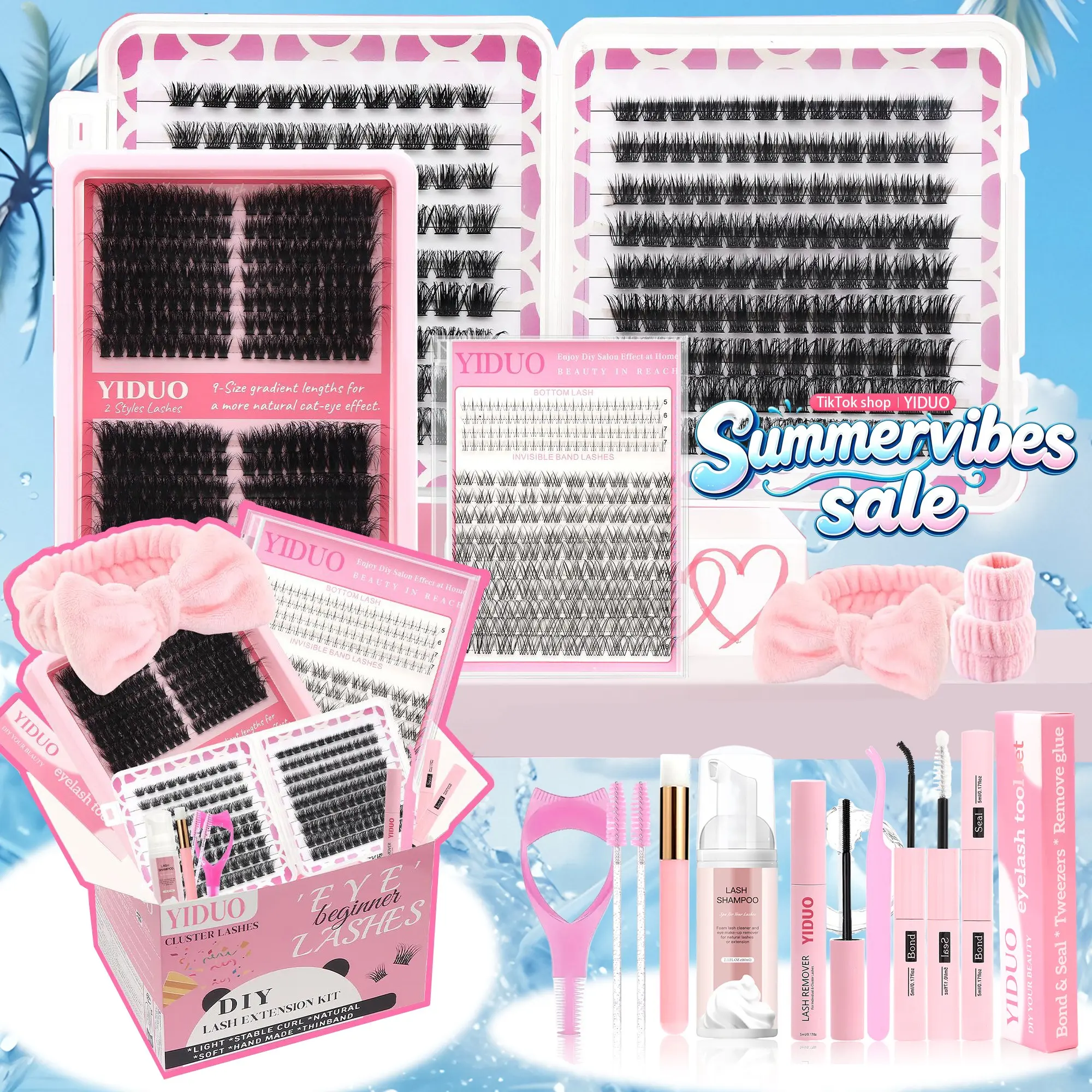 DIY Eyelash Extension Kit, Mixed Volume Fluffy Cluster Lashes Set with Glue, Tweezers, Brush, Lash Remover, Lash Shampoo, Wristband & Headband