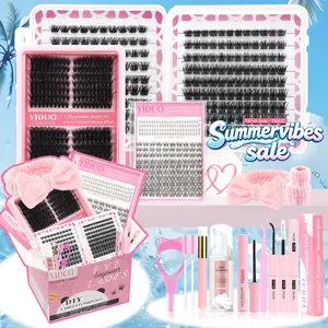 False Eyelashes Kit, 1 Set Volume Curling Fluffy Cluster Fake Lashes DIY Eyelash Extensions with Glue, Tweezers, Brush, Lash Remover, Lash Shampoo, Wristband and Headband