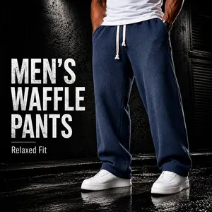 Men’s Waffle Knit Relaxed Pants, Loose Straight Leg Drawstring Casual Sweatpants, Soft Draped Streetwear Lounge Pants for Daily Wear
