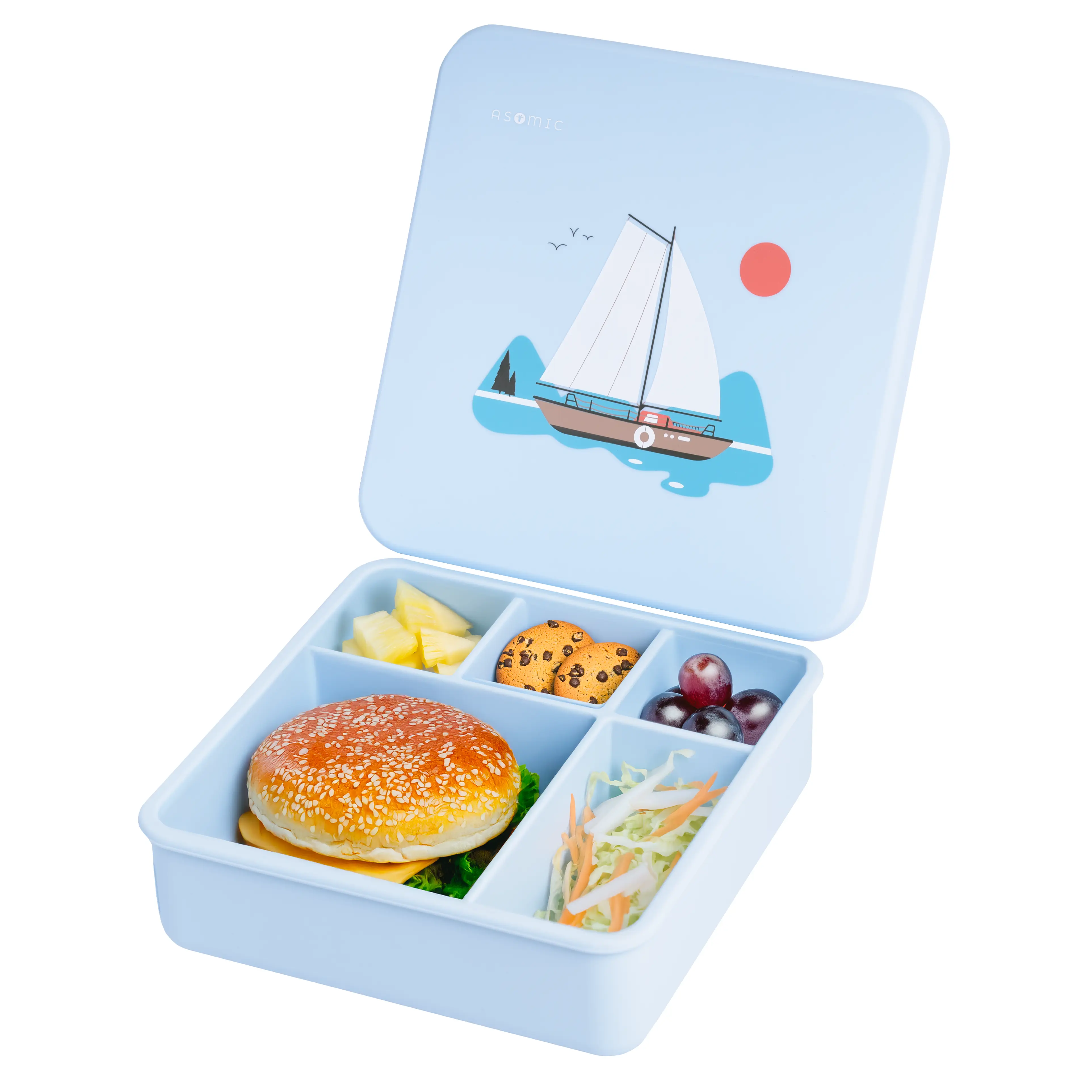 ASOMIC Silicone Bento Snack Box for Kids & Adults, Leakproof, 5 Compartments, BPA-Free, Microwave & Dishwasher Safe, Eco-Friendly Tableware