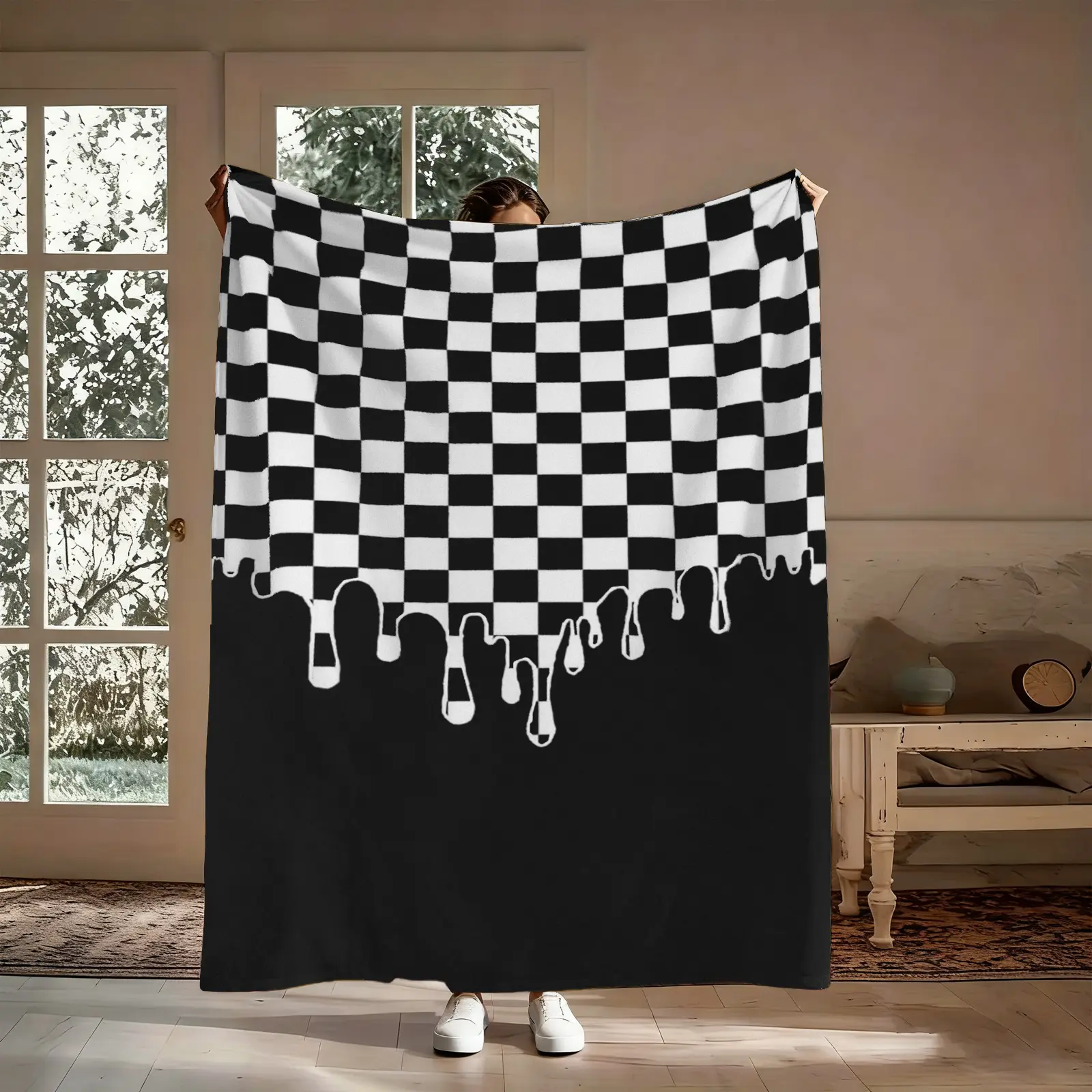 Black And White Checkered Flannel Blanket, 1 Count Melting Drip Chess Soft Throw, Grunge Y2K Room Decor, Cozy Nap Blanket for Home Office Travel, Suitable for Sofa Bed Couch, Cool Statement Piece, Gift for Teen Girls Boys