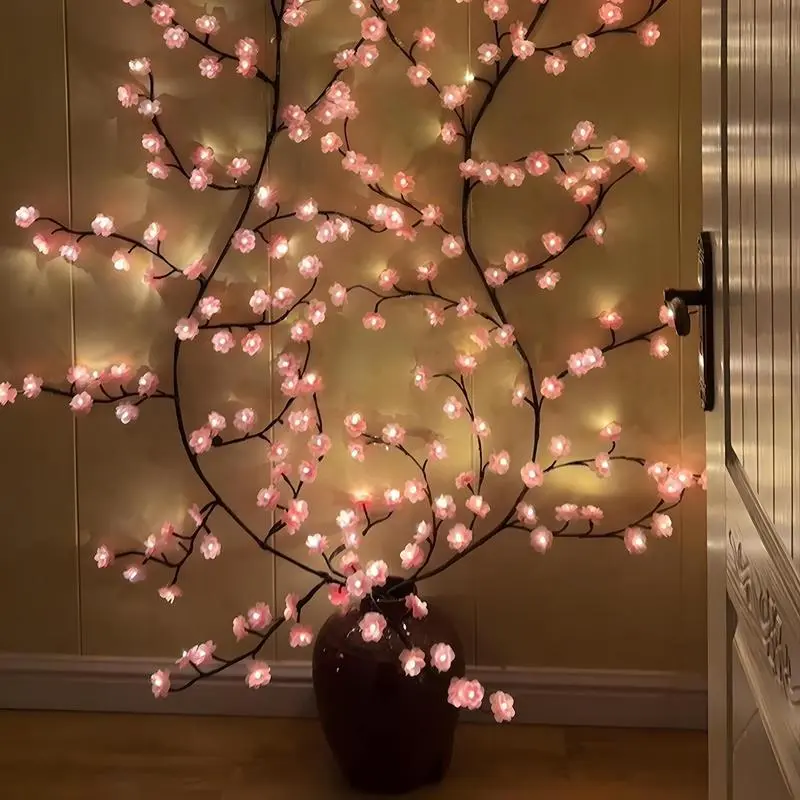 74 in Cherry LED Tree Branch Lights, Color Changing Wall Decor Garland with 96 LED Lights, Remote, 8 Lighting Modes, 47 in Cherry Blossom Willow Vine Twig, 1 Count Christmas Indoor Home Wall Door Window Holiday Gift, Remote Control