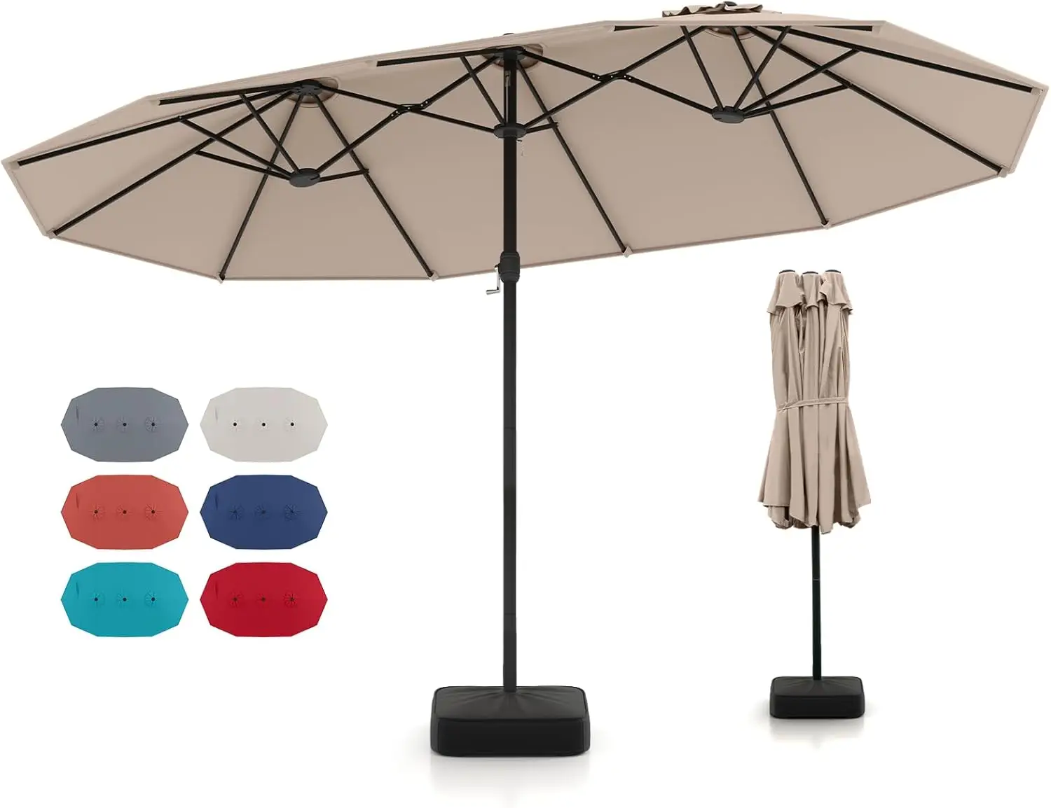 COSTWAY 15/13ft Heavy Duty Double-Sided Patio Umbrella with Base Included, 12 Metal Ribs, Air Vents, Crank System & Sand Bags for Garden Backyard Pool