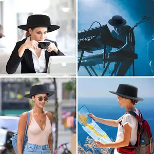 Fashion Classic Black Fedora Flat Hat, Wide Brim Jazz Hats Church Derby Cap for Women and Men Causal Wear