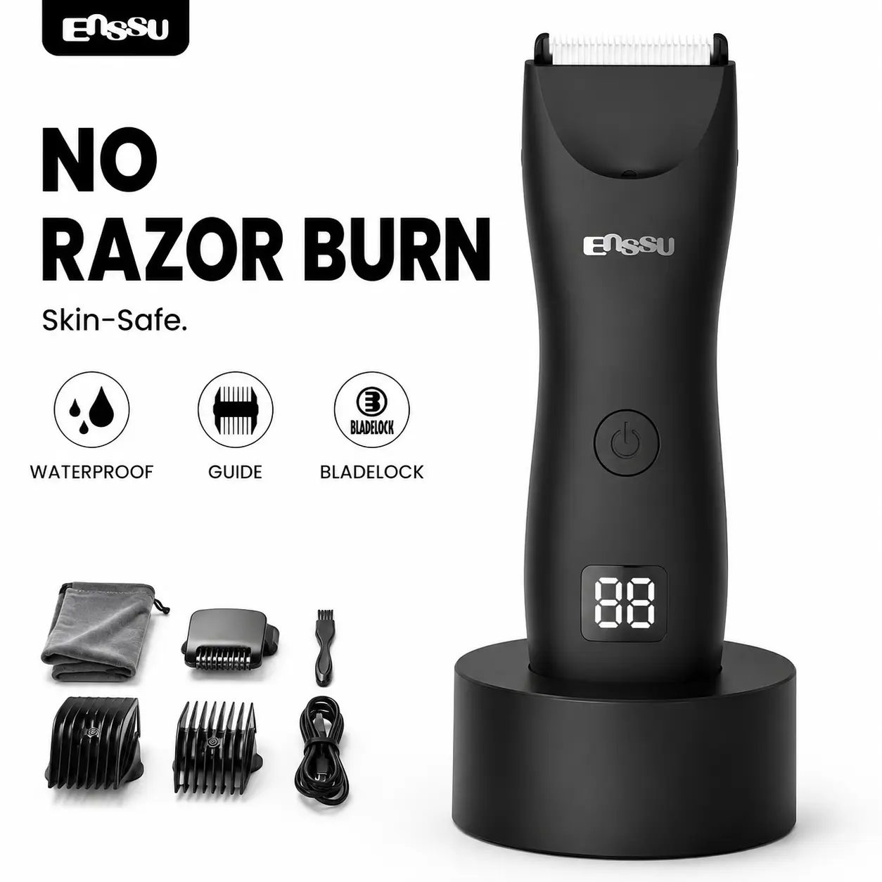 Enssu Patented Nick-Free Body & Ball  Hair Trimmer for Men - Safe Ceramic Blade Groin Groomer, Waterproof Rechargeable Cordless Men's Body Hair Trimmer with Replaceable Heads for Beard, Eyebrow & Daily Use
