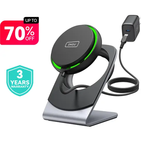 INIU Magnetic Wireless Charger Stand - 15W Fast Charging, Sleep-Safe Glow Nightlight, Multifunctional Portable Adapter, MagSafe Charging Station for iPhone 17/16/15/14/13/12 Series, Smartphone, Airpods, Travel Essential