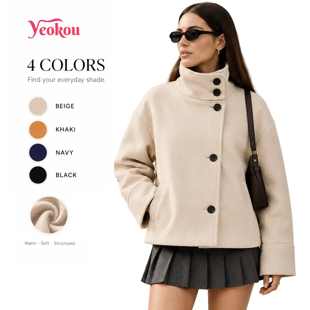 Yeokou Women's Cute Minimalist Basic Crop Pea High Neck Coat - Wool Blend, Loose Warm & Cozy Long Sleeve Short Outerwear, Chic Casual Autumn Winter Jackets, Warm & Cozy Women's Casual Jackets