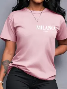 Women's Crew Neck T-Shirt Minimalist Milano Italy Letter Print, 3 Colors, High Elasticity, Breathable Skin-Friendly No Sweat, Machine Washable, Casual Versatile Soft Base Top for All Seasons & All Body Types Plus Daily Wear Comfort