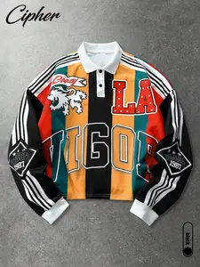 Vintage LA VIGOR 1987 Lion Print Color Block Stripes Oversized Polo Neck Long Sleeve Jersey Streetwear Y2K Retro Racing Graphic Top