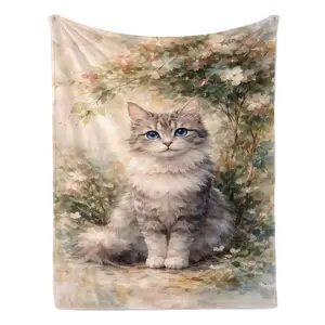 Watercolor Blue Eyes Cat Lover Gift Soft Cozy Flannel Blanket - Floral Garden Grey Cat Print Plush Throw, Warm Fuzzy Bedroom Sofa Blanket, Perfect Gift for Cat Mom Women Men Cat Owners for Birthday Holiday Home Decor