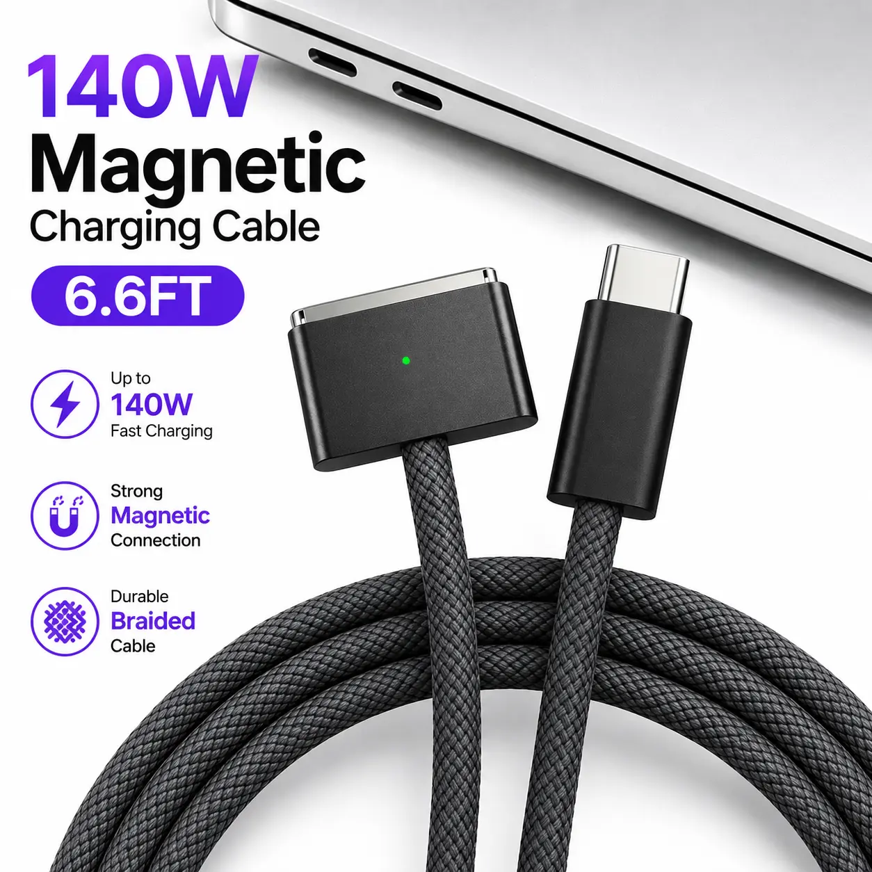 AISONK 140W USB C to Magnetic 3 Charging Cable, 6.6FT White Braided Fast Charging Cord with LED, Magnetic Connector for MacBook Pro (16"/14" 2026/2025/2024/2023/2021)& MacBook Air(15"/13" M5/M4/M3/M2)