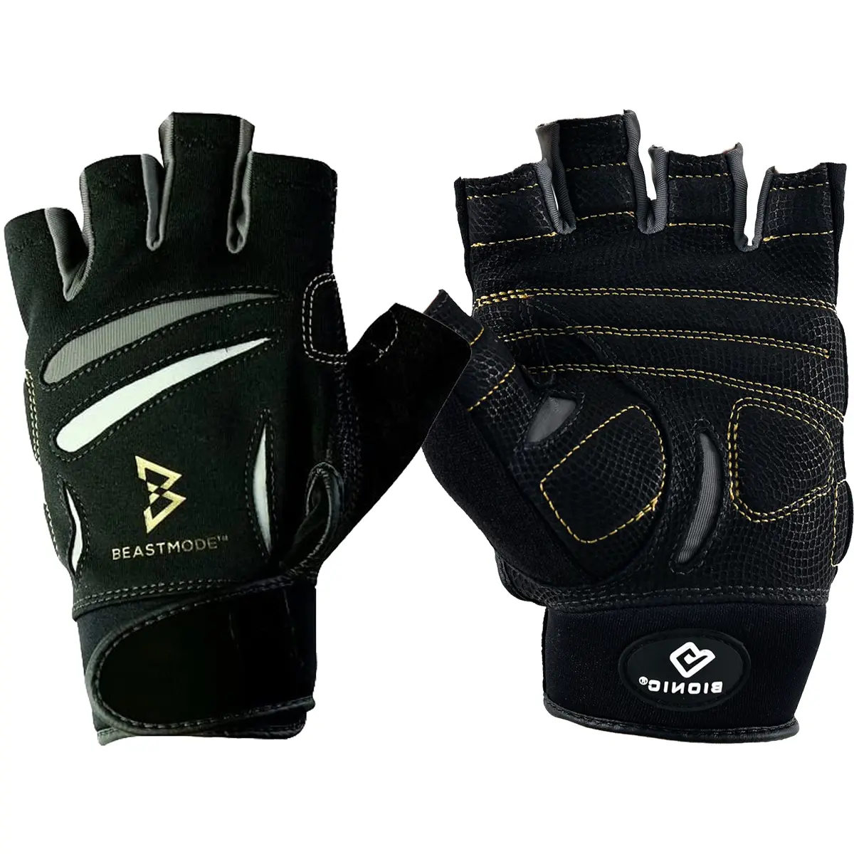 Bionic Men's BeastMode Fingerless Fitness Gloves - Black, Workout Equipment, Strength Training Equipment, Genuine Leather, Weightlifting