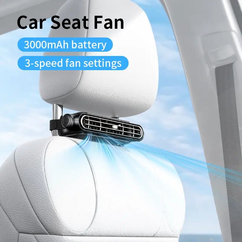 IMOLI Car Seat Fan, Mini Portable USB Rechargeable Rear Seat Cooling Fan, 3-Speed Adjustable fan, Fowerful Dual-Turbine Airflow, Suitable for Various Cars, Jeeps, Vans, RVs, SUVs and Trucks, Car Accessory