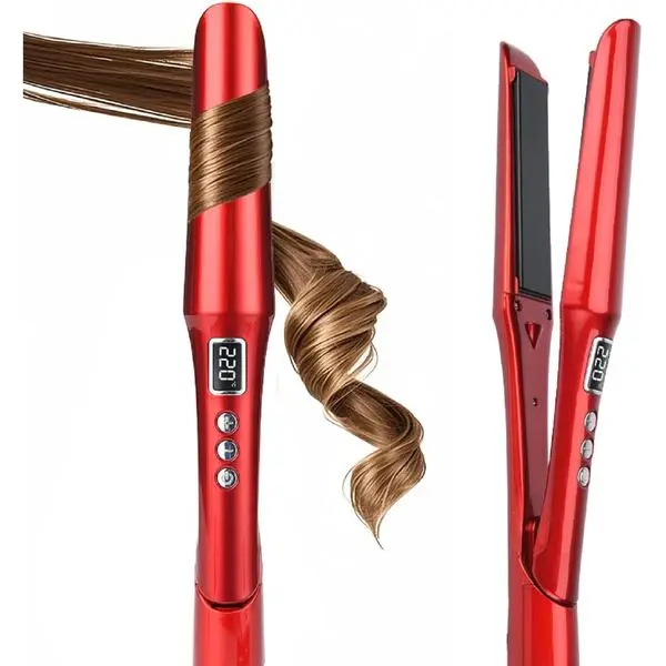 2-in-1 Hair Straightener and Curler, Titanium & Ceramic, Red | Flat Iron for Fine Hair, Rapid Heat-Up, Negative Ions, Dual Voltage for Long Short Smooth