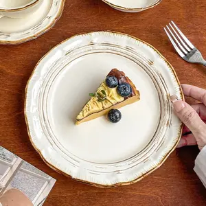 4-Piece Set (49.38 Oz) Milky Glazed Roman 8-Inch Ceramic Plates, Retro Edge Design, Microwave & Oven Safe, Minimalist Dinnerware