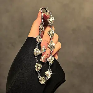 Rhinestone Decorated Phone Chain, Luxury High-end Rhinestone metallic Bracelet Wrist Short Lanyard with Clip, Mobile Phone Case Keychain Bag Pendant, Halloween, Phone Charms