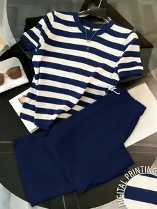 Women's Blue Striped Short Sleeve T-Shirt + Solid Wide Leg Pants Set, Casual Home Wear, Lightweight Comfortable Two-Piece Ensemble