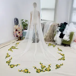 Vibrant yellow floral bridal veil,3d sunny sunflower elements veil,handcrafted colorful and vivid wedding veil