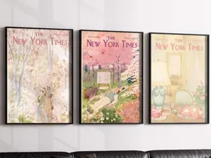 Soft Pink New York Poster Set of 3, Vintage New York Times Prints, Trendy Retro Magazine Cover Art Decor for Home - Unframed