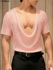 INCERUN Men's Fashion Summer Loose Mesh Hollow Out Short Sleeve T-Shirt, Comfortable Breathable Top for Warm Weather, Stylish Casual Wear