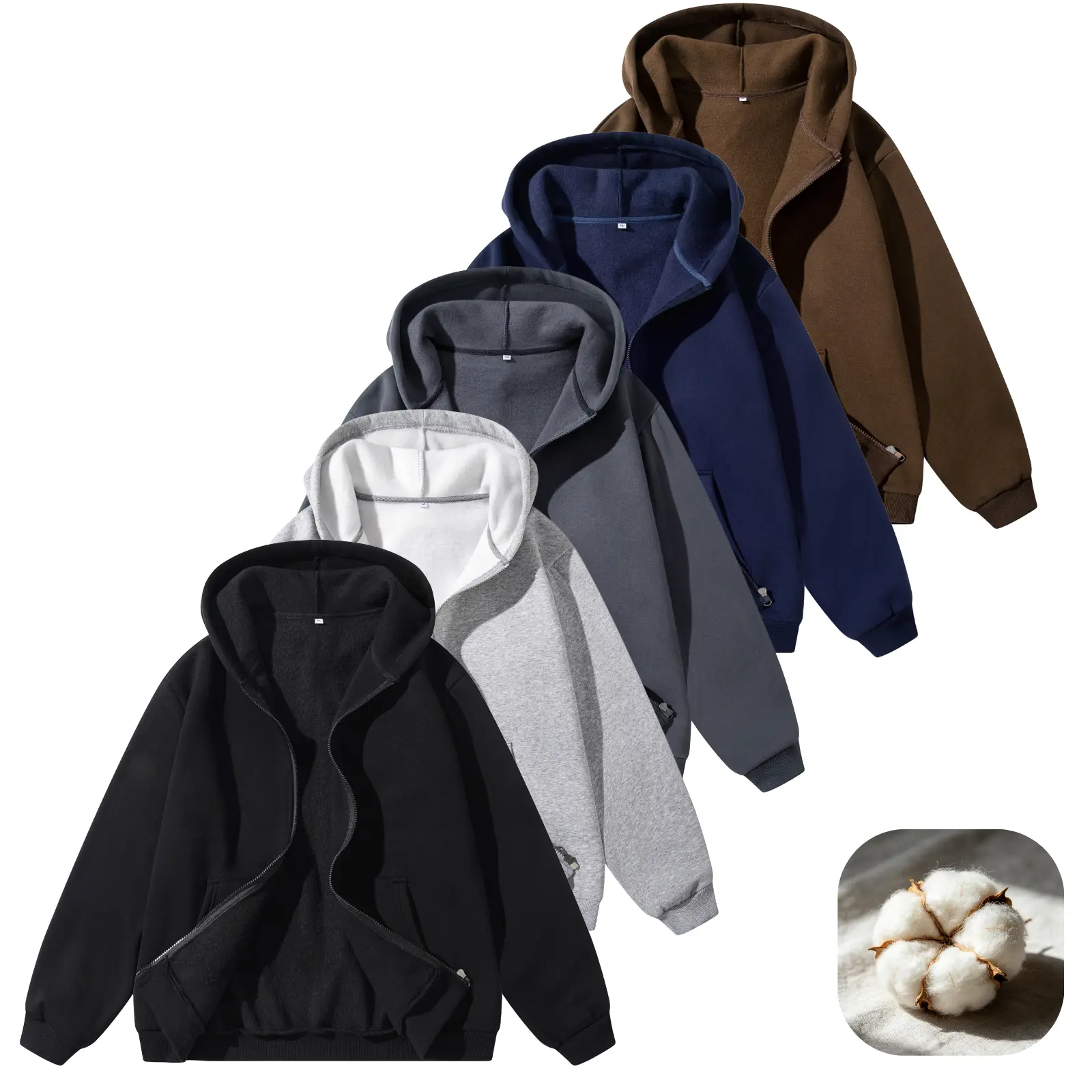 Men's solid-color cotton-blend zip-up hooded sweatshirt, casual long-sleeve outerwear