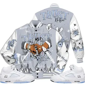 Retro White Metallic 5s Outfits Varsity Jacket, Trust No One Heart Shirts Matching Sneaker Streetwear Baseball