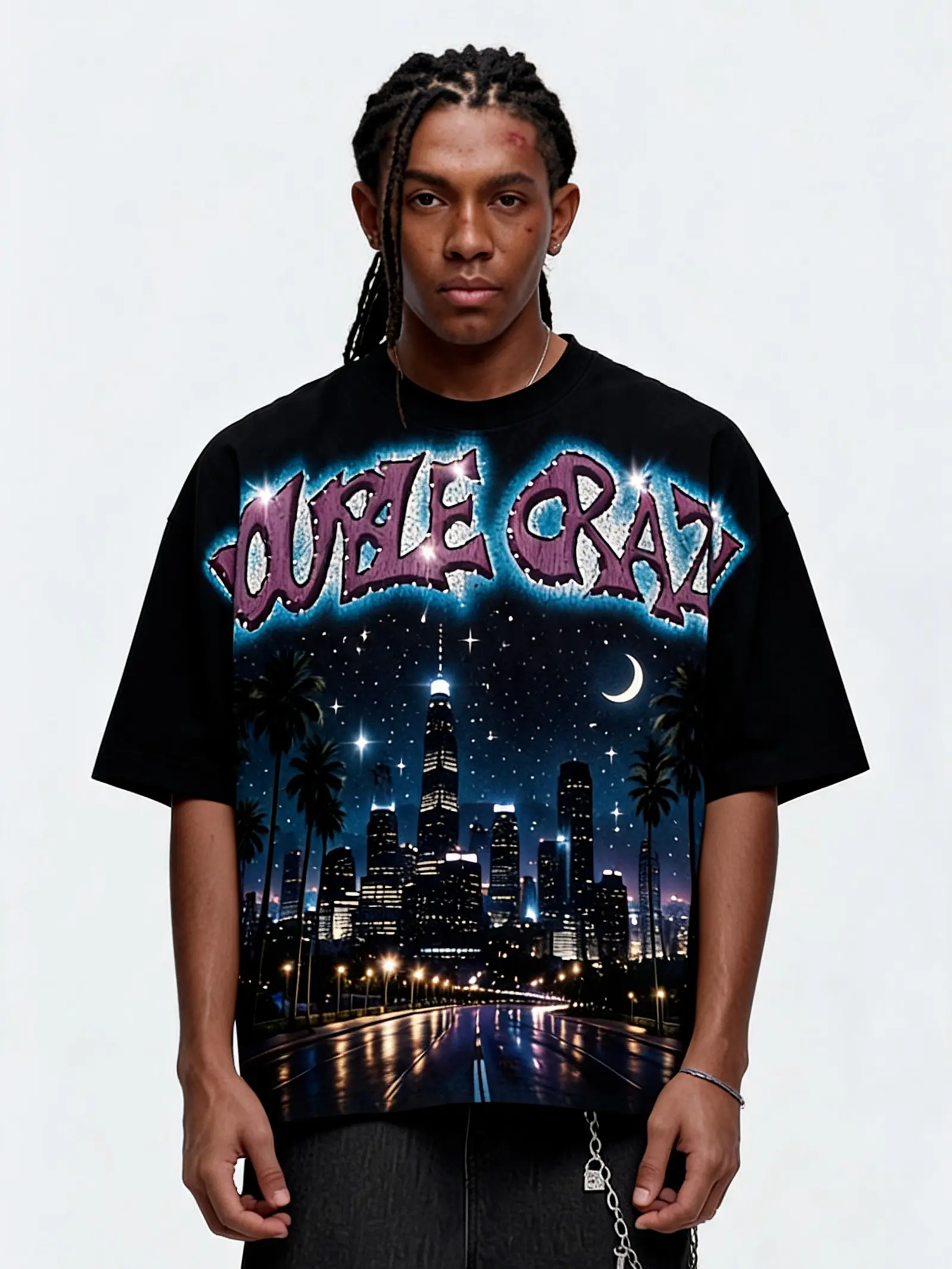 Y2K Streetwear Oversized Graphic T-Shirt Retro Double Crazy City Skyline Print Heavyweight Combed Cotton Loose Fit Casual Tee Trendy Grunge Aesthetic Gift for Men