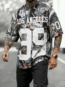 Men's Summer Camo Number T-Shirt, Streetwear, Casual Comfortable Fit, Geometric Pattern, Long Sleeve, Fitted Style, All Seasons Fashion
