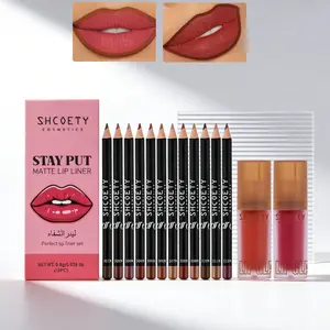12 lip liner pencils and 2 velvet lip gloss set, lip liner shapes, lip gloss adds color for double long-lasting wear, Mother's Day gift, birthday gift.