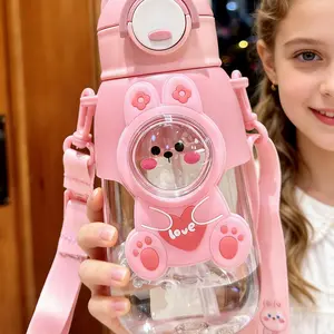 Cartoon Pattern Kids Dual Water Cup, Large Capacity Water Bottle, Home Office School Use, with Straw & Strap, Reusable Portable Drinkware, Reusable Water Bottles