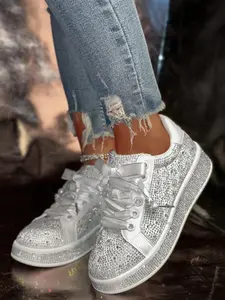 Women's Fashionable Rhinestone Decorated Lace Up Glitter Design Sneakers, Casual Comfortable Sports Shoes for Party, Daily Clothing Decor for Women & Girls, Stylish Sneaker