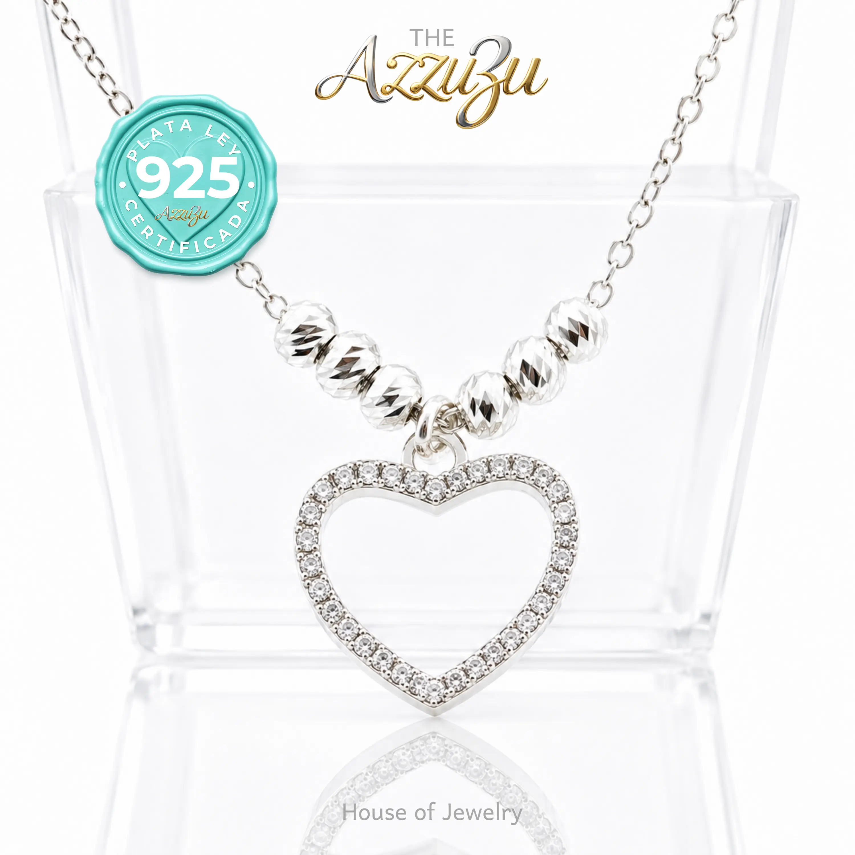 The AzzuZu 925 Sterling Silver “Micro-Zirconia Heart & Diamond-Cut Beads”Necklace