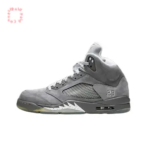 Gray Suede Upper High-Top Retro Basketball Shoes with Light Gray Mesh Side Panels and Translucent Sawtooth Midsole