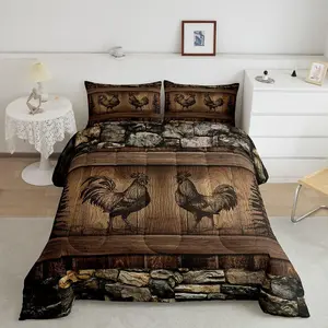 Chicken Bedding,Rustic Farmhouse Comforter Set,Vintage Brown Chicken Bedding Comforter Sets,Woodland Wildlife Animal Duvet Insert
