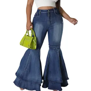Acelyn Pants Bell Bottom Jeans High Waisted Pleated Layered Ruffle Hem Flared Wide Leg Denim Pants 70s Outfits for Women