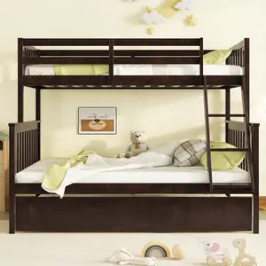 [Bellemave]Twin Over Full Rubber Wood Bunk Bed with Trundle, Convertible Ladder and Guardrail, Detachable, Convertible Bed, with Twin Size Trundle ,Espresso