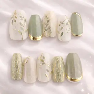 Sage Green Floral Press On Nails Gold Botanical Accent Nails, Minimalist Handmade Neutral Nail Set, Reusable Glossy Nails 12CQ1G