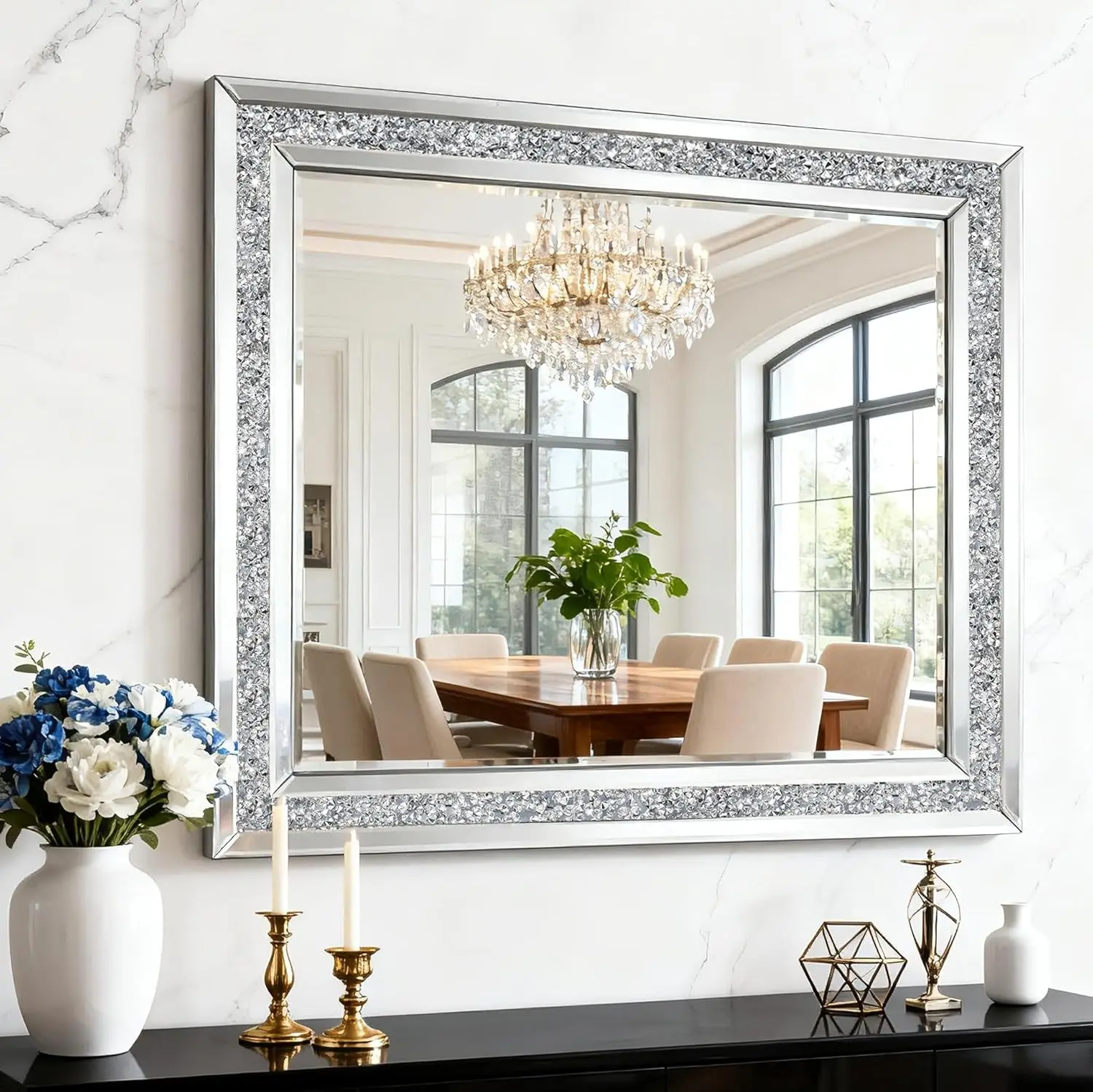 SHYFOY Modern Rectangle Crystal Accent Wall Mirror - Crushed Diamonds Inlay, 31.5"×23.6" Durable Glamorous Vanity Setup Decoration for Living Room, Christmas, Thanksgiving, Dream Vanity