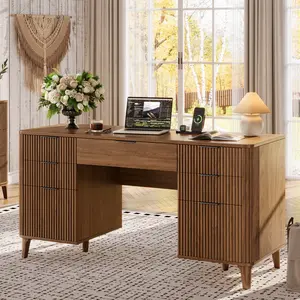 Oxirth 55.1" Walnut Fluted Executive Desk | Home Office Desk with Storage, Charging Station & File Cabinet