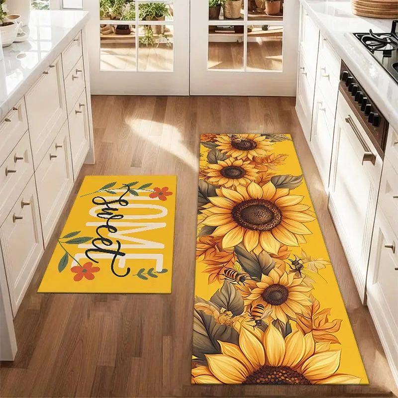 2Pcs Summer Sunflower Flower Floor Mat Set Farmhouse Kitchen Carpet Restaurant Floor Laundry Room Decoration Carpet Mat