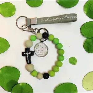 "God Is Within Her She Will Not Fall" Inspirational Bar Necklace, Green and Black Keychain