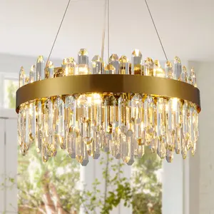 12-Lights Modern Round Luxurious Golden Pendant Lamps with Adjustable Height, Two-Layer Ceiling Lamps, K9 Raindrop-Shaped Crystal, Suitable for Living Rooms, Dining Rooms, Kitchen Islands and Foyers