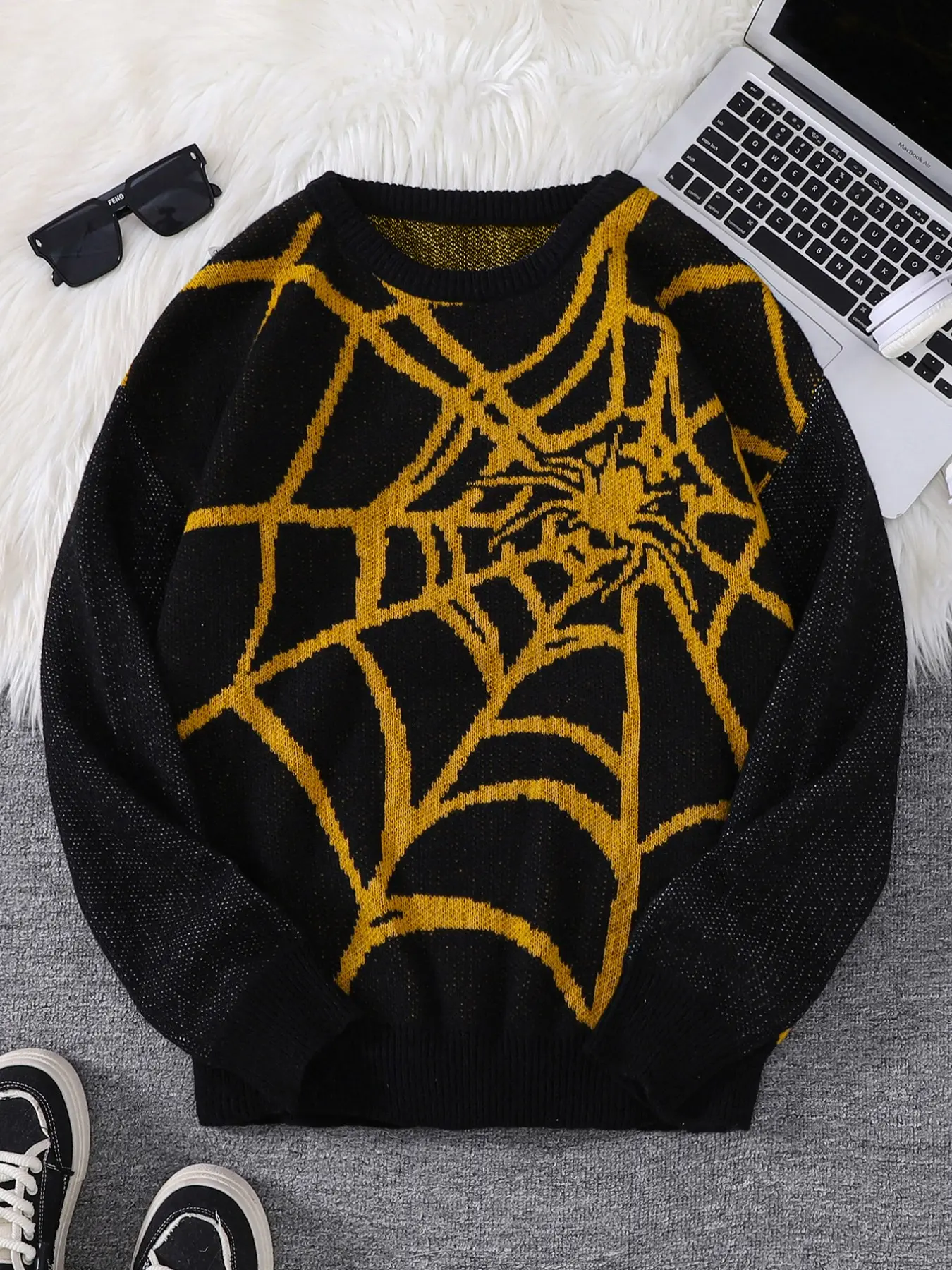 Men's Spider Web Animal Pattern Round Neck Sweater, Regular Fitted Casual Drop Shoulder Long Sleeve Jumper for Spring & Fall, Fashion Men's Knitwear for Daily Wear