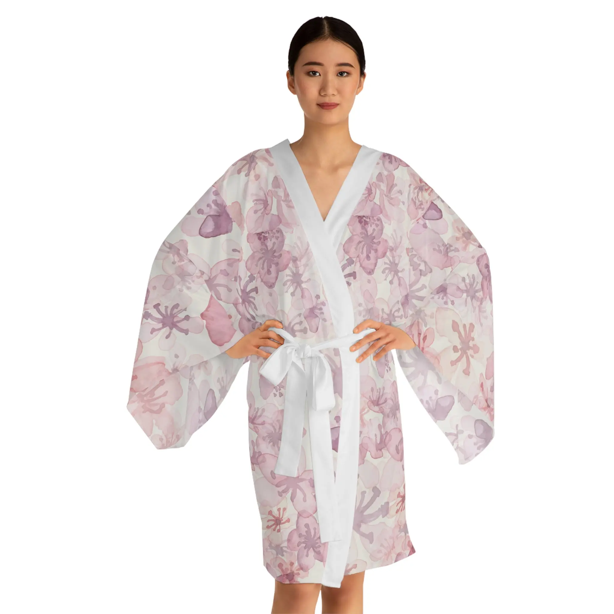 Pink Watercolor Flower Print  Long Sleeve Kimono Robe